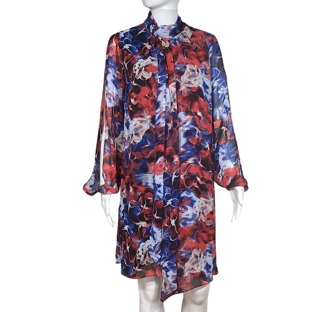 Womens Size 6 Red White Blue Floral Sheer Dress Long Sleeve Tie Neck Chiffon